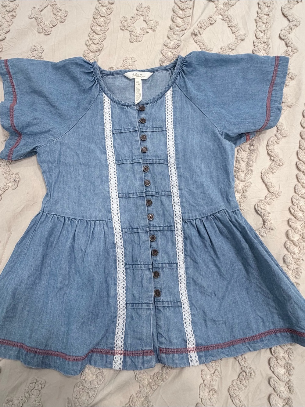 Matilda Jane Blue Denim Button-Front Peplum Top with White Lace